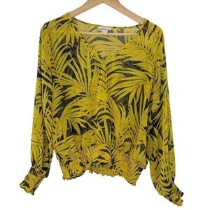 H&M Yellow Black Palm Leaf Print Sheer Long Sleeve V‎ Neck Smocked Blouse Size 8